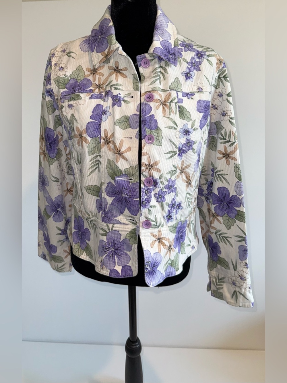 Lemon Grass Petite Women's Floral Jacket Purple Cotton Stretch Button Front